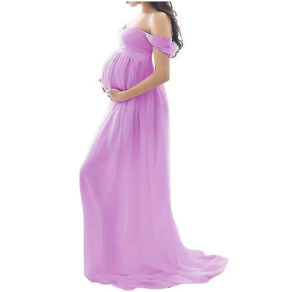 Maternity Dress For Photography Off Shoulder Chiffon Gown Split Front Maxi Pregnancy Dresses Baby Shower Dress Pregnancy Dresses For Photo Shoot Purple M