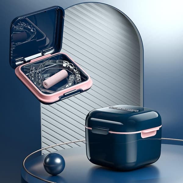 Orthodontic Retainer Braces Storage Box Soaking Invisible Teeth Denture Cleaning Braces Tooth Storage Portable Belt Blue