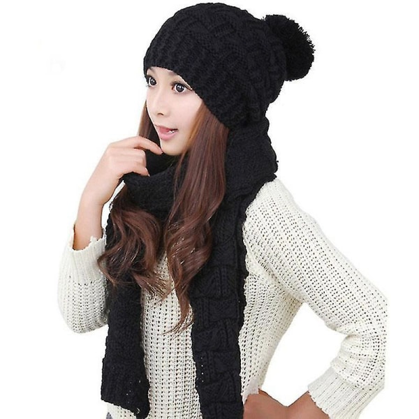 women Winter Chunky Knitted Pom Bobble Beanie Hat Scarf Set Ski Cap Warm Black