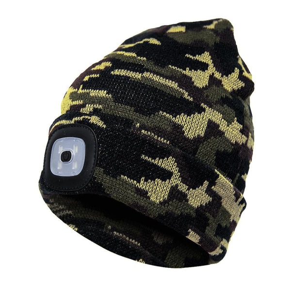 LED-talvihattu miesten talvihattu LED-pipo 4 LED-ajovalaisinlippis LED-ajovalaisin talvineulepipo Camouflage armeijanvihreä