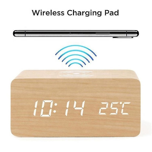 Wooden Digital Alarm Clock With Wireless Chargingadjustable Brightness