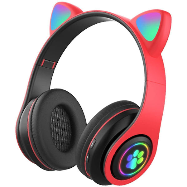 (rød) Børne Hovedtelefoner Bluetooth 5.0 Multifunktion Katteøre Ekstra Lang Batterilevetid Stereo Lyd LED Lys Sammenklappelig Justerbar Bærbar Headset Multi-farvet
