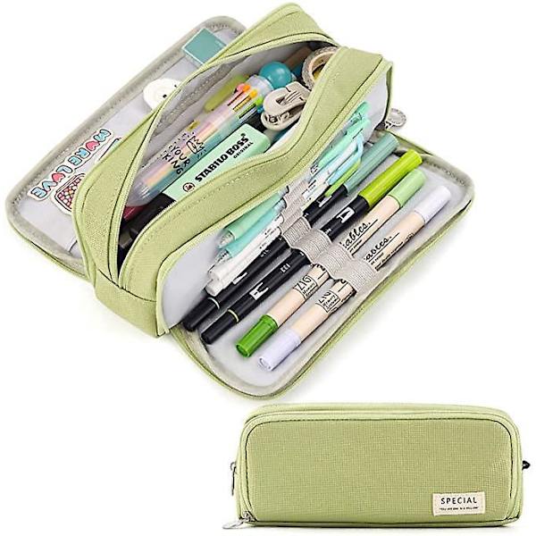 Large Pencil Case Big Capacity 3 Compartments Canvas Pencil Pouch For Students green