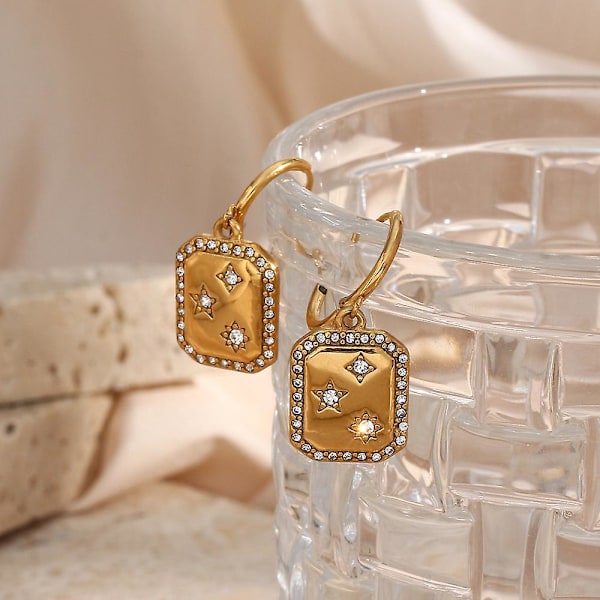 Nyt rustfrit stål Pvd plating firkantet kort 3a krystal zirkon stjerne geometrisk charm hoop ørering vedhæng halskæde smykkesæt Jewelry Set