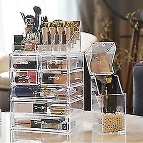 Acrylic Makeup Brush Holder Organizer With Lid,dustproof Cosmetics Brush Storage Box Case With  White Pearls For Bathroom, Dresser, Vanity And Counter