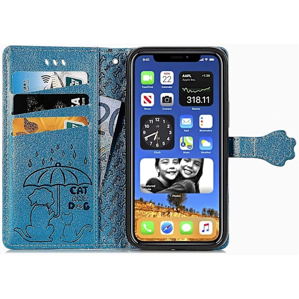 Cover til iPhone 12 Pro / iPhone 12, Mobiltelefon Cover Læder Flip Case med Kort Slot, Magnet og Stand Funktion [Kat og Hund Mønster] Beskyttende C