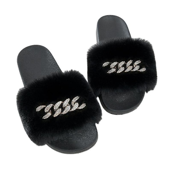 Myke slippers i imitert pels for kvinner, komfortable sandaler med åpen tå og fleece BLACK 37