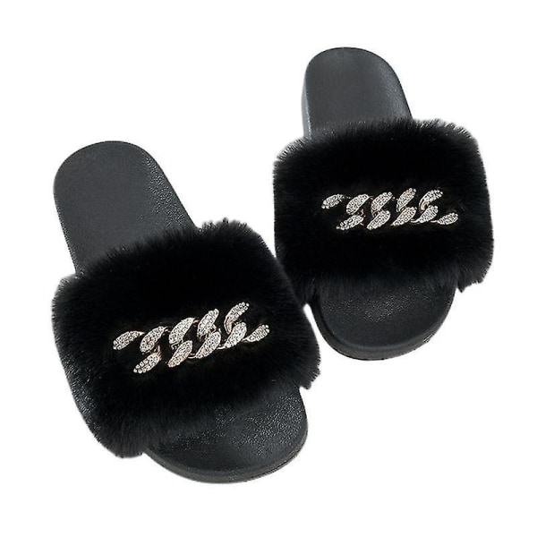 Women's Fluffy Faux Fur Slippers Comfy Open Toe Slides With Fle BLACK 37