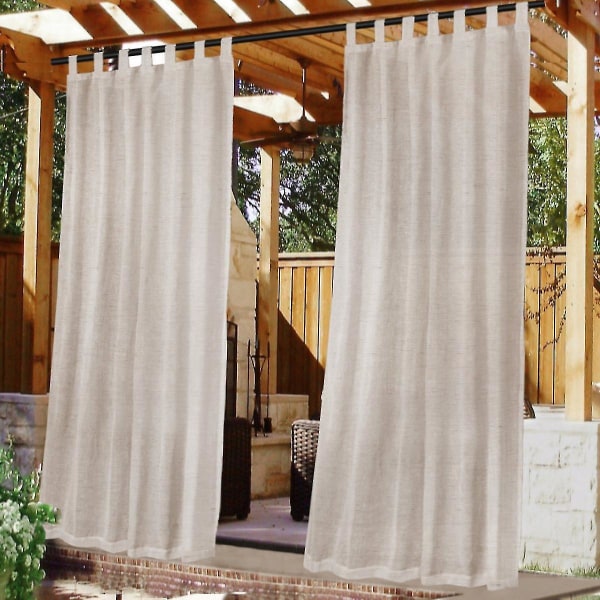 Outdoor linen sheer curtains for patio waterproof with detachable self-stick, natural W132cm x d274cm