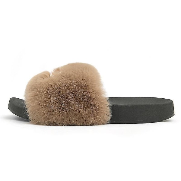 Women's Fluffy Faux Fur Slippers Comfy Open Toe Slides With Fle KHAKI 43