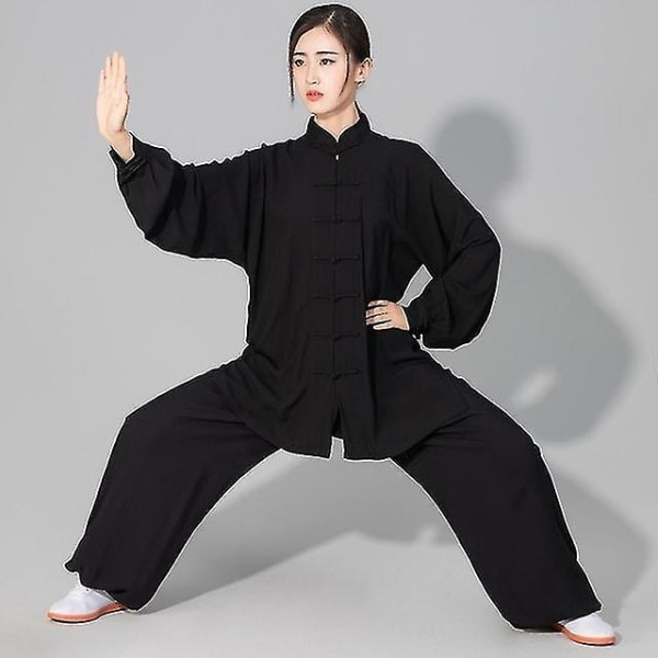 Blødt Tai Chi-tøj i bomuld til mænd og kvinder, Kung Fu kampsportsdragt black XS