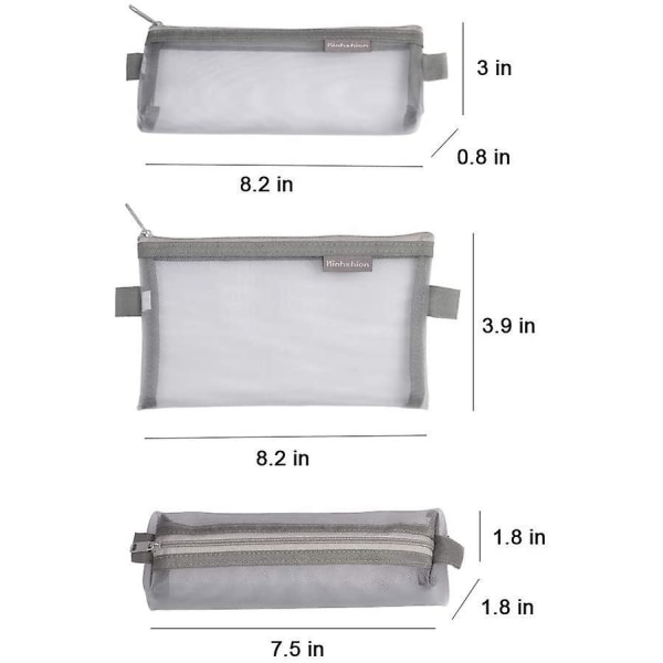 3pcs Multifunctional Mesh Pen Bag Pencil Case Makeup Tool Bag Storage Pouch Purse Mix-grey