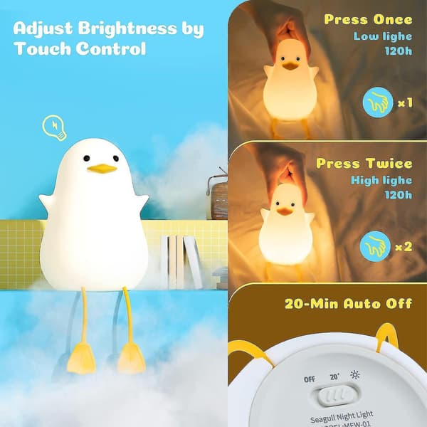 Baby Night Light, Night Light Kids Lamp With Touch Sensor Timer, Silicone Rechargeable Seagull Night