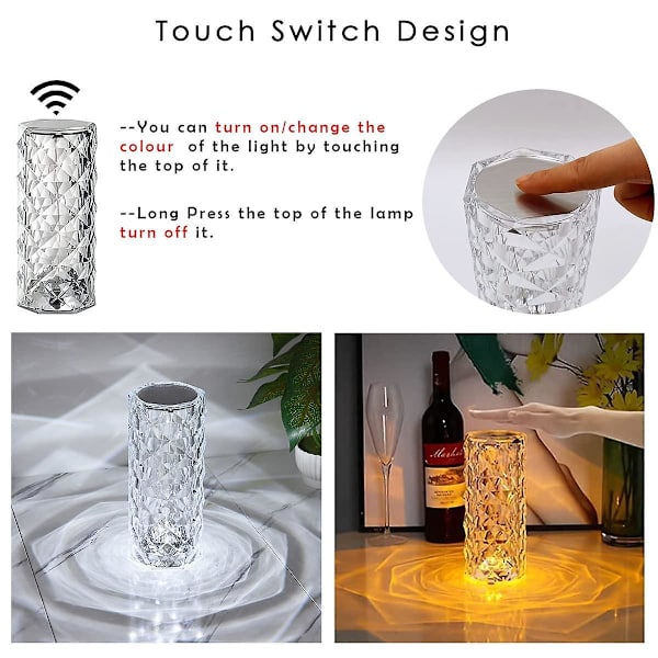Crystal Diamond Table Lamp, 16 Colors Usb Charging Touch Lamp Bedside Night Light With Remote Control, Acrylic Rose