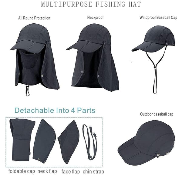 Upf 50+ Folding Fishing Hat Uv Protection Mask Removable Adjustable Light Gray