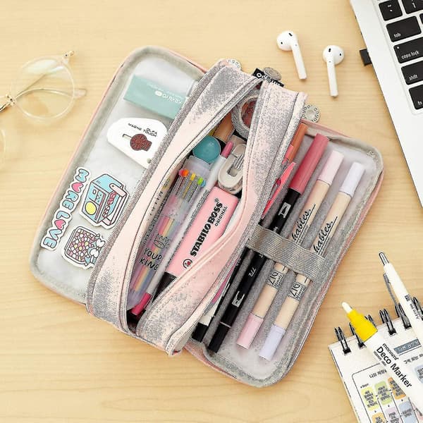 Large Pencil Case Big Capacity 3 Compartments Canvas Pencil Pouch For Students pink