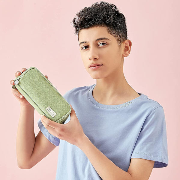 Large Pencil Case Big Capacity 3 Compartments Canvas Pencil Pouch For Students green