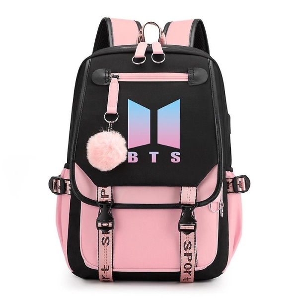 Bts Ryggsekk Søt USB Lading Skoleveske pink black