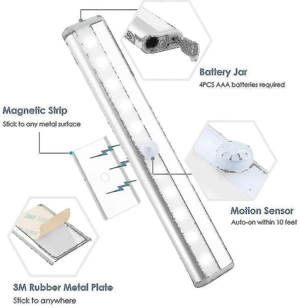 Bevegelsessensor Lyslist, (10 LED, 3 Pakning) Trådløs Skaplampe Høy Kvalitet