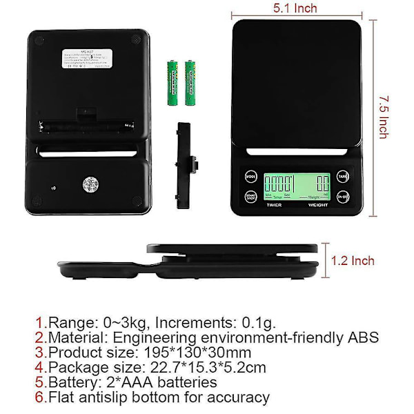 3kg 0.1g 5kg 0.1g Coffee Weighing 0.1g Drip Coffee Scale With Timer Digital Kitchen Scale High Precision Lcd Scales black 5Kg