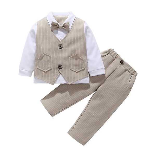 Baby Formal Gentleman Outfit With Bow Tie Spring&autumn Baby Boy Clothes Set Birthday Supply Khaki 80