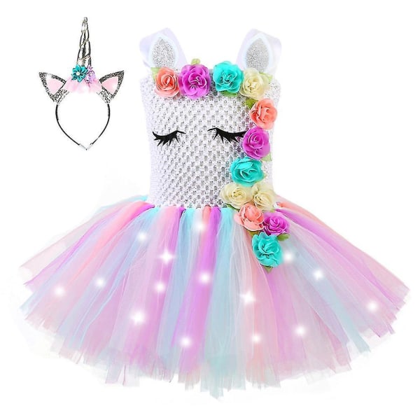 Princess Tutu Led Unicorn Dress With 12pcs Flowers Light Up Costumes Pink M(3-4Y)