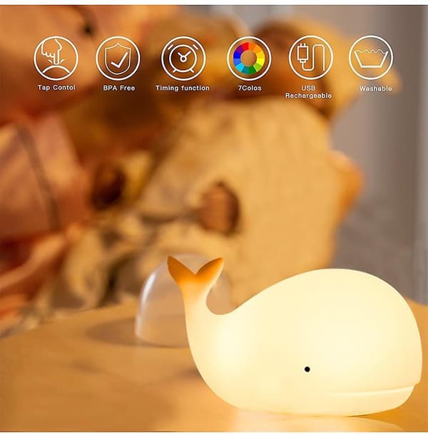 Whale LED Kids Night Light  USB Rechargeable Silicone  Room Lamp