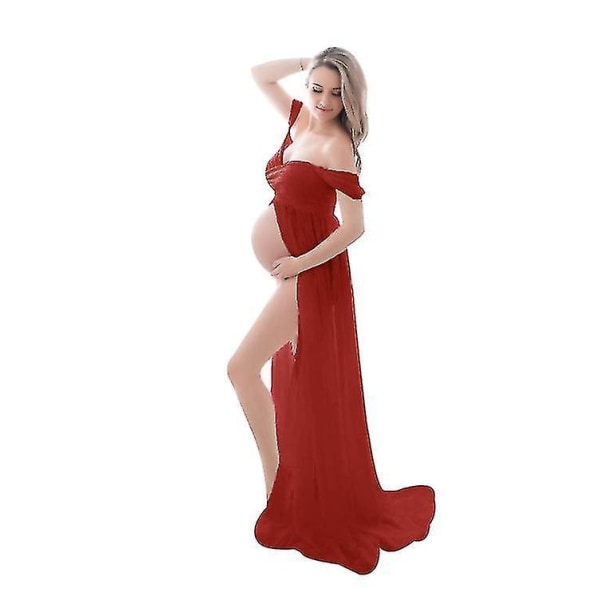 Maternity Dress For Photography Off Shoulder Chiffon Gown Split Front Maxi Pregnancy Dresses Baby Shower Dress Pregnancy Dresses For Photo Shoot Red M
