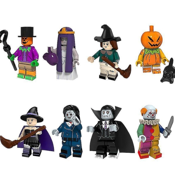 8pcs Halloween Pumpkin Man Witch Clown Vampire Children Assembled Building Block Minifigure Toy