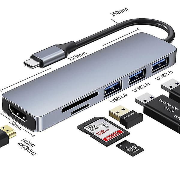 Usb C Hub, mfun 6-i-1 Usb C til Hdmi-adapter med Usb 3.0-port, s