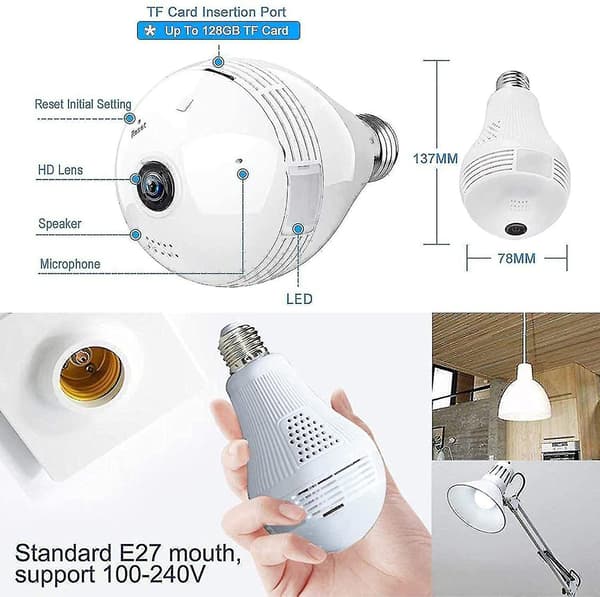 Smart Pære Sikkerhetskamera, 2k 3mp 360 Graders Panoramisk 2.4g