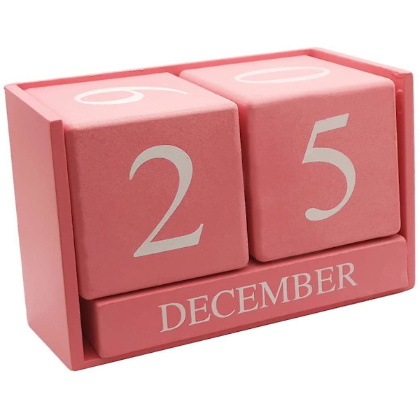 Træ Skrivebordsblok Kalender - Evighedsblok Måned Dato Display Hjemmekontor Dekoration, 15,5 x 9,9 x 7,4 cm Pink