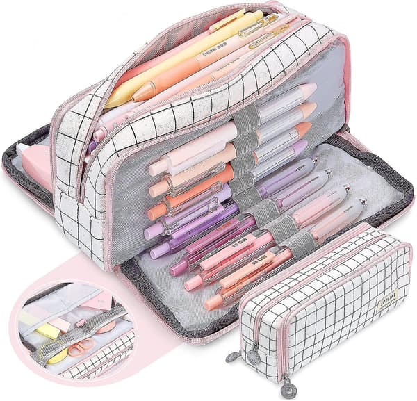 Large Pencil Case, Large Capacity Pencil Case With 3 Compartments, Makeup Bag Portable Office Statio