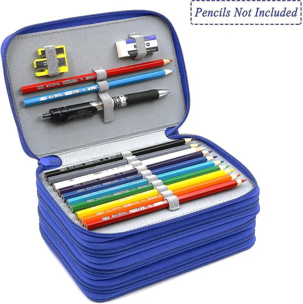 72 Slots 4-layer Zipper Pencil Case With Handle Strap, Oxford Fabric blue
