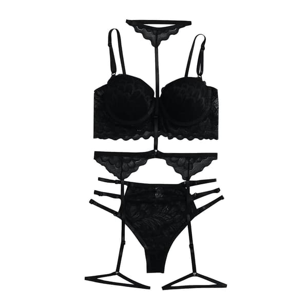 Dame Sexy Ensfarvet Bralette Truser Stroppete Blondebroderi Undertøysett Black L