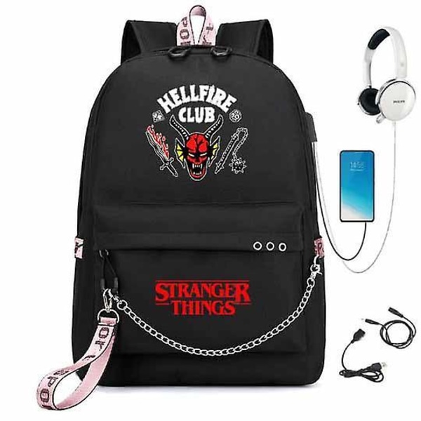 Stranger Things Hellfire Club Large-capacity School Bag Usb Charging Backpack Black 8