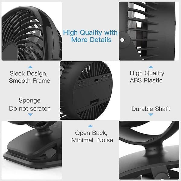 Fan Clip Portable Table Desk Fan USB Rechargeable Battery Black