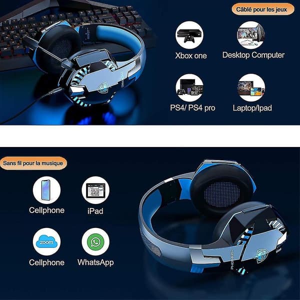 Bluetooth Trådløse Hodetelefoner Med Mikrofon, PS4 Gaming Headset For PC, Xbox One, PS5 Blue