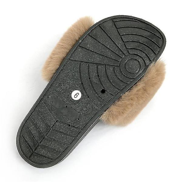 Bløde Faux Fur Slippers til Kvinder Behagelige Åben Tå Sandaler Med Fle KHAKI 41