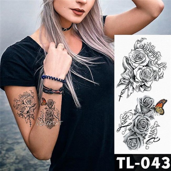 Water Transfer Deep Pink Henna Lace Rose Flower Temporary Tattoo Sticker Butterfly Pattern Body Art Waterproof Fake Flash Tattoo 15-TL043