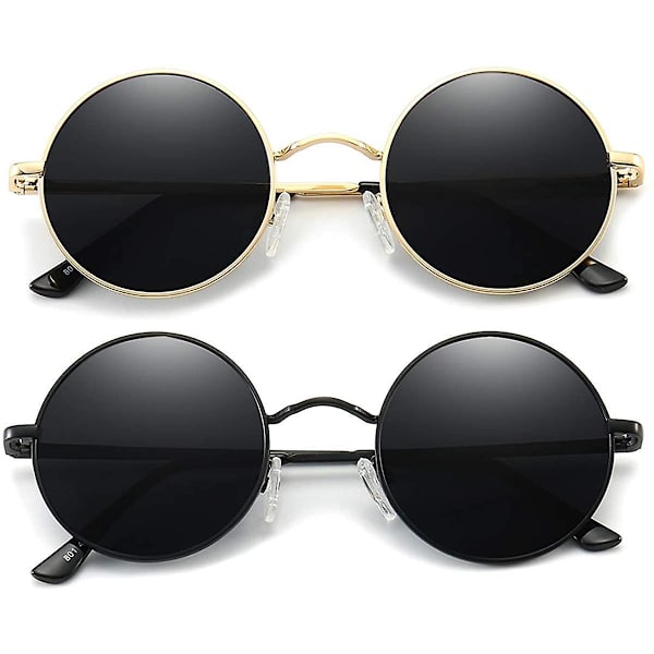 Vintage Pyöreät John Lennon Polaroid Aurinkolasit Miehille ja Naisille Ympyrä Hippi Aurinkolasit 2 Pack (Black- Gold)