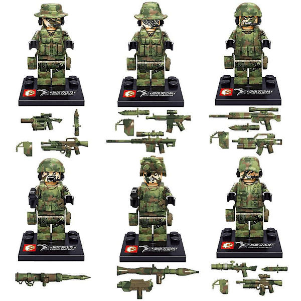 6pcs Military Building Blocks Minifigure Camouflage Falcon Commando With Weapons Small Particles Assembling