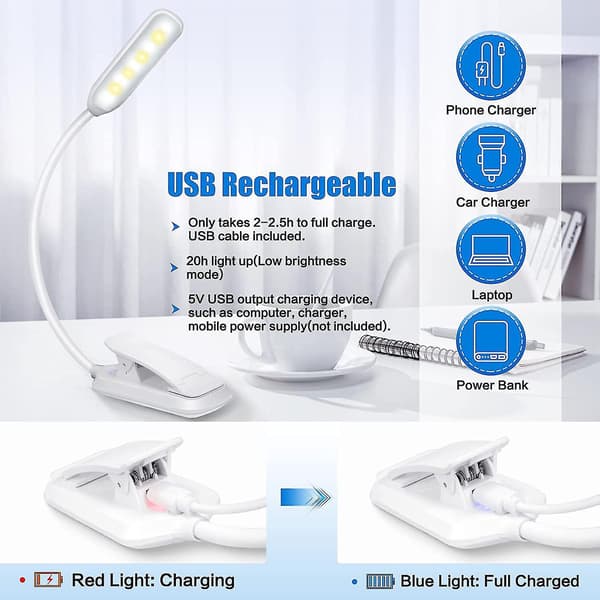 Reading Light, 9 Led Usb Rechargeable Reading Light, Gradual Dimming Book Light, 3 Color Modes (white/warm/warm White), 360 Foldable And Flexible Clip