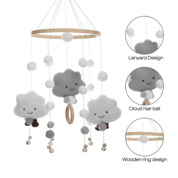 Baby Wind Chime Wood, Baby Mobile Crib, 3d Clouds Mobile Baby Crib, Hanging Bedbell Mobile, Baby Mobile Wind Chimes Made Of Felt With Felt Balls, Bell