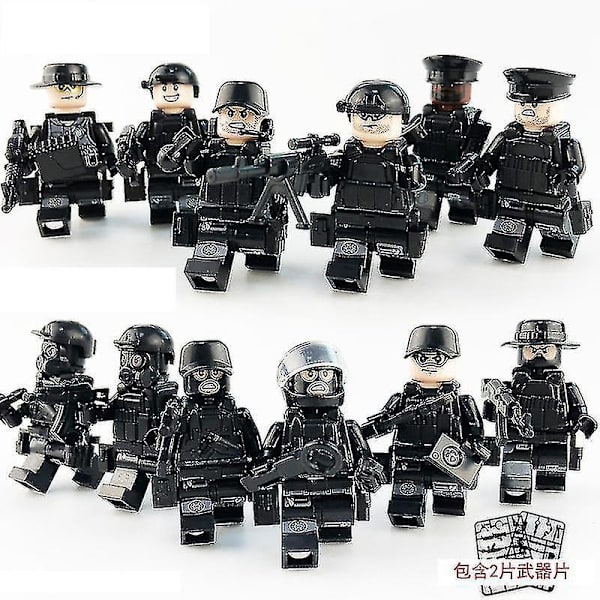 12 stk. Sort Swat Politi Minifigur Byggeklods Tilbehør Militær Legetøj