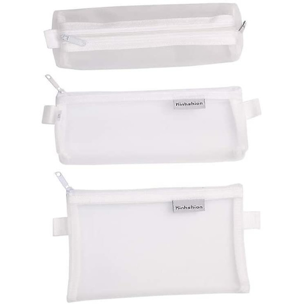 3 stk. Multifunktionel Mesh Pen Taske Penalhus Makeup Værktøjstaske Opbevaringspose Pung Mix-white