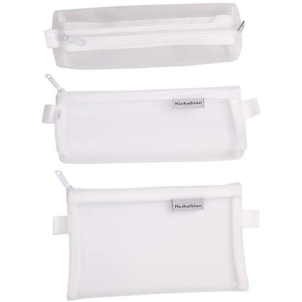 3pcs Multifunctional Mesh Pen Bag Pencil Case Makeup Tool Bag Storage Pouch Purse Mix-white