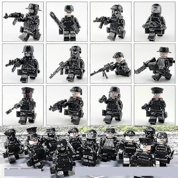 12 stk. Sort Swat Politi Minifigur Byggeklods Tilbehør Militær Legetøj