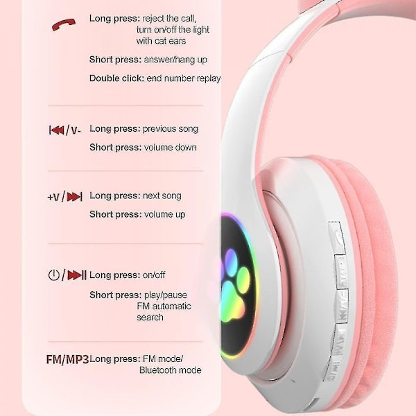 Wireless Bluetooth Headphones Cat Ear Headset With Led Light Pink