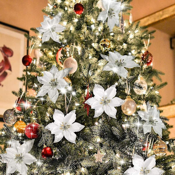 10 Pcs Glitter Artificial Flowers Tree Ornament For  Christmas
